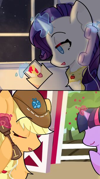 Size: 1080x1920 | Tagged: safe, artist:嗆殺莋業, derpibooru import, apple bloom, applejack, rarity, twilight sparkle, earth pony, pony, unicorn, barn, clothes, envelope, eyes closed, image, jpeg, levitation, magic, phone, photo, scarf, telekinesis