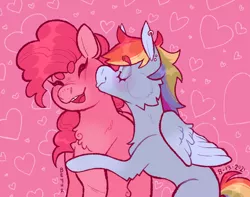 Size: 771x607 | Tagged: safe, artist:beyhr, derpibooru import, pinkie pie, rainbow dash, earth pony, pegasus, pony, blushing, chest fluff, eyes closed, female, happy, heart, hug, image, jpeg, kissing, lesbian, pinkiedash, shipping, smiling