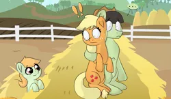 Size: 1715x995 | Tagged: safe, artist:colorcodetheartist, artist:estories, derpibooru import, applejack, oc, oc:coy crispin, ponified, pony, choromatsu, crossover, crossover ship offspring, crossover shipping, derpibooru exclusive, female, image, male, nervous, osomatsu-san, parent:applejack, parent:choromatsu matsuno, png, shipper on deck, shipping, straight