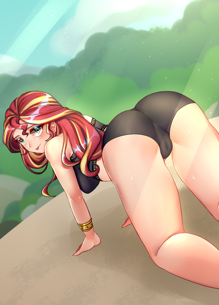 Size: 2126x2953 | Tagged: questionable, alternate version, artist:hanasakiyunarin, derpibooru import, sunset shimmer, equestria girls, ass, blushing, breasts, bunset shimmer, butt, cameltoe, clothes, human coloration, image, looking at you, looking back, looking back at you, png, swimsuit, the ass was fat, tongue out