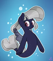 Size: 1000x1150 | Tagged: safe, artist:sealedseal, derpibooru import, oc, unofficial characters only, pegasus, pony, seapony (g4), blue background, bubble, dorsal fin, fin wings, fish tail, flowing mane, flowing tail, gray mane, image, looking at you, pink mane, png, seaponified, signature, simple background, smiling, solo, species swap, spread wings, swimming, tail, underwater, water, wings