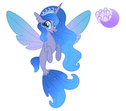 Size: 1280x1131 | Tagged: safe, artist:janeththeunicorn, derpibooru import, oc, unofficial characters only, alicorn, pony, seapony (g4), base used, blue eyes, blue mane, crown, dorsal fin, ethereal mane, eyelashes, female, fin wings, fish tail, flowing mane, flowing tail, horn, image, jewelry, looking at you, open mouth, png, regalia, seaponified, simple background, smiling, solo, species swap, spread wings, starry mane, tail, transparent background, wings