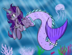 Size: 2786x2153 | Tagged: safe, artist:angelskies, derpibooru import, oc, unofficial characters only, jellyfish, merpony, blue eyes, coral, crepuscular rays, deviantart watermark, eyelashes, female, fins, fish tail, flowing mane, flowing tail, horn, image, jewelry, necklace, obtrusive watermark, ocean, pearl necklace, png, purple mane, seashell, smiling, solo, swimming, tail, underwater, water, watermark