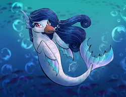 Size: 1280x989 | Tagged: safe, artist:rhazberriquartz, derpibooru import, edit, oc, fish, hybrid, merpony, original species, seapony (g4), beak, blue mane, bubble, colored pupils, crepuscular rays, eyelashes, female, fins, fish tail, flowing mane, flowing tail, image, jpeg, logo, logo edit, looking at you, ocean, open mouth, pink eyes, seaponified, smiling, smiling at you, solo, species swap, swimming, tail, underwater, water