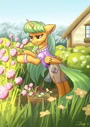 Size: 2480x3508 | Tagged: safe, artist:dandy, derpibooru import, oc, unofficial characters only, alicorn, pony, alicorn oc, basket, belt, blouse, clothes, female, flower, garden, horn, image, jewelry, necklace, png, raffle prize, see-through, skirt, solo, wings
