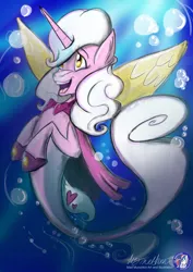 Size: 1654x2338 | Tagged: safe, artist:mad--munchkin, derpibooru import, oc, unofficial characters only, alicorn, merpony, pony, seapony (g4), bubble, crepuscular rays, dorsal fin, female, fin wings, fish tail, flowing mane, horn, image, jpeg, open mouth, seaponfied, signature, solo, sunlight, swimming, tail, underwater, water, wings, yellow eyes