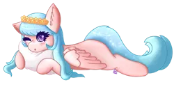 Size: 1280x640 | Tagged: safe, artist:pasteldraws, derpibooru import, oc, oc:petal posey, pegasus, pony, floral head wreath, flower, image, lying down, pillow, png, simple background, solo, sparkles, transparent background