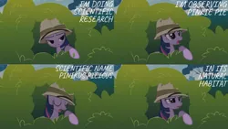 Size: 1280x720 | Tagged: safe, derpibooru import, edit, edited screencap, editor:quoterific, screencap, twilight sparkle, pony, unicorn, feeling pinkie keen, season 1, bush, eyes closed, female, image, mare, open mouth, png, solo, unicorn twilight