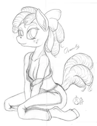 Size: 773x1000 | Tagged: suggestive, artist:sepiakeys, derpibooru import, apple bloom, anthro, earth pony, unguligrade anthro, clothes, dreadlocks, image, kneeling, overalls, png, sketch, solo