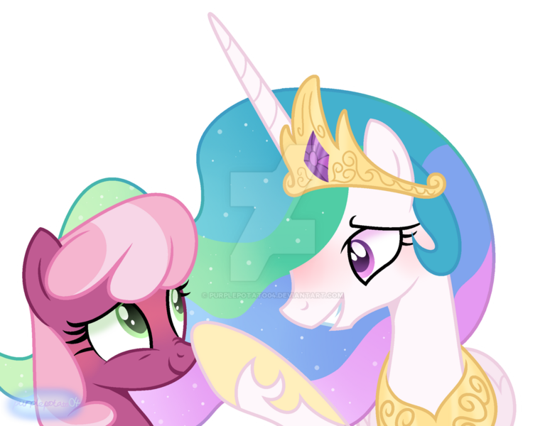 Size: 1280x1001 | Tagged: safe, artist:purplepotato04, derpibooru import, cheerilee, princess celestia, pony, base used, boop, cheerilestia, deviantart watermark, female, image, lesbian, obtrusive watermark, png, shipping, simple background, transparent background, watermark