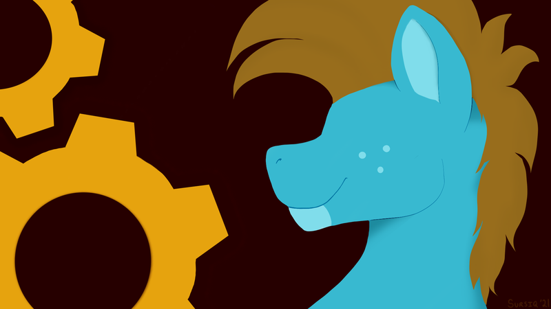 Size: 1920x1080 | Tagged: safe, artist:sursiq, derpibooru import, oc, oc:carbon, pegasus, pony, background, brown mane, freckles, gears, image, male, no eyes, pegasus oc, png, profile, simple, smiling, solo, stallion, watermark, wings