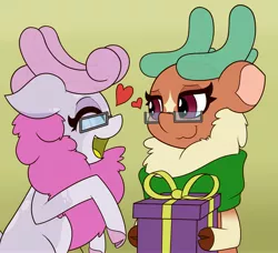 Size: 3039x2772 | Tagged: safe, artist:mrneo, derpibooru import, cashmere (tfh), oc, oc:mohair, them's fightin' herds, canon x oc, clothes, community related, cute, glasses, heart, image, jpeg, love, mocash, present, scarf, shipping, tfh oc
