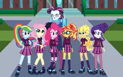 Size: 5500x3438 | Tagged: safe, artist:ktd1993, derpibooru import, applejack, fluttershy, pinkie pie, principal abacus cinch, rainbow dash, rarity, sunset shimmer, equestria girls, clothes, crystal prep academy uniform, humane five, image, jpeg, school uniform