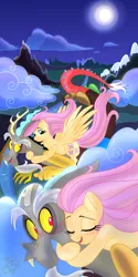 Size: 1000x2000 | Tagged: safe, artist:tiger-of-my-eye, derpibooru import, discord, fluttershy, draconequus, pegasus, pony, blushing, cloud, discoshy, eyes closed, female, flying, full moon, holding onto someone, hug, image, jpeg, looking at someone, male, mare, moon, mountain, night, open mouth, open smile, outdoors, shipping, smiling, spread wings, straight, wind, windswept mane, wings