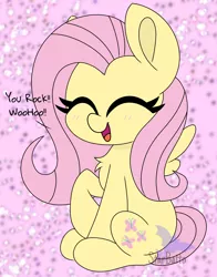 Size: 2836x3624 | Tagged: safe, artist:starbatto, derpibooru import, fluttershy, pegasus, pony, abstract background, blushing, cheering, chest fluff, dialogue, eyes closed, female, high res, image, jpeg, mare, open mouth, open smile, raised hoof, sitting, smiling, solo, spread wings, three quarter view, wings