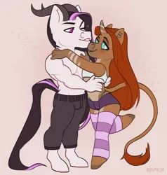 Size: 1900x2000 | Tagged: safe, artist:bryach, derpibooru import, oc, oc:gray rain, oc:night mirage, unofficial characters only, anthro, classical unicorn, earth pony, pony, unicorn, anthro oc, clothes, cloven hooves, couple, cuddling, cute, earth pony oc, horn, image, intersex, leonine tail, long tail, makeup, male, one eye closed, pants, png, shorts, smiling, stallion, top, unicorn oc, unshorn fetlocks, wink