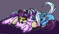 Size: 2696x1564 | Tagged: safe, artist:sexygoatgod, derpibooru import, starlight glimmer, trixie, oc, oc:banshee bye, pony, unicorn, canon x oc, female, image, lesbian, png, polyamory, prosthetics, sleeping