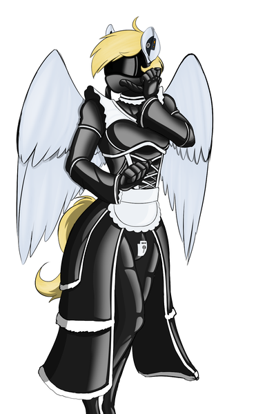 Size: 1200x1800 | Tagged: questionable, alternate version, artist:d-lowell, derpibooru import, editor:katingcipset, oc, oc:cutting chipset, unofficial characters only, anthro, pegasus, bdsm, blushing, clothes, crossdressing, crotch bulge, ear plugs, gas mask, image, latex, latex suit, lock, looking at you, maid, mask, null, orgasm denial, png, rubber drone, sensory deprivation, simple background, socks, solo, thigh highs, white background, wings