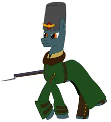 Size: 2727x3004 | Tagged: safe, artist:timejumper, derpibooru import, oc, unofficial characters only, earth pony, pony, series:soldiers of the coalition, bayonet, boots, clothes, fur hat, gaelic winter guard, gun, hat, image, jpeg, republic of gaul, rifle, shoes, soldier, solo, trenchcoat, weapon, winter guard