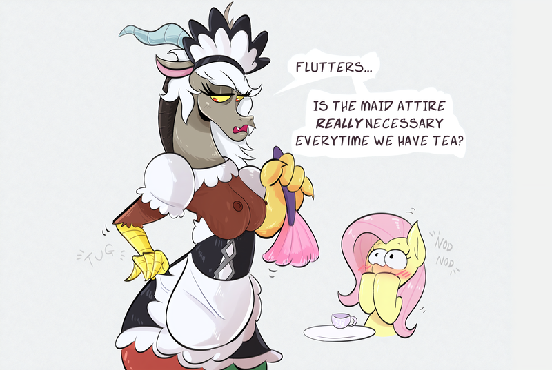 Size: 4778x3208 | Tagged: questionable, anonymous editor, artist:another_pony, edit, discord, fluttershy, anthro, draconequus, pegasus, pony, blushing, breasts, busty eris, clothes, dialogue, duster, eris, female, french maid, hooves on mouth, image, implied erishy, implied lesbian, implied shipping, lesbian, lidded eyes, maid, maid discord, nipples, nudity, partial nudity, png, rule 63, topless, wide eyes