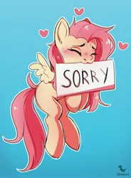 Size: 2944x4000 | Tagged: safe, artist:dinoalpaka, derpibooru import, fluttershy, pegasus, pony, blushing, eyes closed, female, gradient background, heart, high res, image, jpeg, mare, mouth hold, outline, sign, solo, sorry, spread wings, three quarter view, white outline, wings