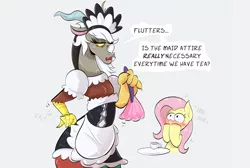Size: 2389x1604 | Tagged: safe, anonymous editor, artist:another_pony, edit, twibooru exclusive, discord, fluttershy, draconequus, pegasus, pony, blushing, clothes, dialogue, duster, eris, female, french maid, hooves on mouth, image, implied erishy, implied lesbian, implied shipping, jpeg, lesbian, lidded eyes, maid, maid discord, nipples, nudity, rule 63, wide eyes