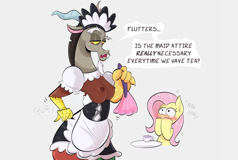Size: 2389x1604 | Tagged: questionable, anonymous editor, artist:another_pony, edit, twibooru exclusive, discord, fluttershy, anthro, draconequus, pegasus, pony, blushing, breasts, busty boy, busty discord, clothes, crossdressing, dialogue, duster, femboy discord, french maid, hooves on mouth, image, implied discoshy, implied shipping, implied straight, intersex, jpeg, lidded eyes, maid, maid discord, male, nipples, nudity, partial nudity, topless, wide eyes