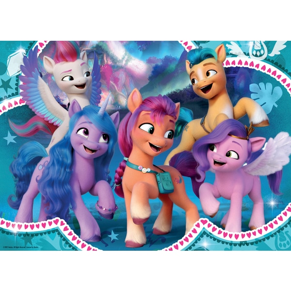 Size: 600x600 | Tagged: safe, derpibooru import, hitch trailblazer, izzy moonbow, pipp petals, sunny starscout, zipp storm, earth pony, pegasus, pony, unicorn, badge, bag, female, fluttershy's cutie mark, g5, image, jpeg, male, mane five (g5), mare, puzzle, rainbow dash's cutie mark, ravensburger, satchel, simple background, stallion, twilight sparkle's cutie mark, white background