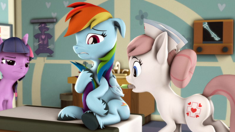 Size: 3840x2160 | Tagged: safe, artist:psfmer, derpibooru import, nurse redheart, rainbow dash, twilight sparkle, alicorn, earth pony, pegasus, 3d, doctor's office, floppy ears, hat, hug, image, needle, nurse hat, png, scared, shot, source filmmaker, syringe, tail hug, unshorn fetlocks, vaccination, x-ray