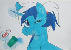 Size: 3856x2735 | Tagged: safe, derpibooru import, minuette, pony, unicorn, alternate hairstyle, brushie, brushie brushie, brushing teeth, colgate (company), cup, female, glowing horn, horn, image, jpeg, magic, mare, one eye closed, ponytail, solo, toothbrush, toothpaste, trace, traditional art