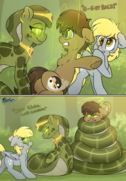 Size: 3500x5000 | Tagged: safe, artist:fluffyxai, derpibooru import, derpy hooves, oc, oc:melyssa, oc:spirit wind, earth pony, lamia, original species, pegasus, pony, coiled, coils, female, fetish, forest, hypnosis, hypnosis fetish, hypnotized, image, male, mare, png, speech, stallion, talking, text, tree, wrapped up