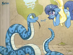 Size: 5000x3750 | Tagged: safe, artist:fluffyxai, derpibooru import, oc, unofficial characters only, pony, serpent, snake, unicorn, blushing, coils, female, forked tongue, hypnosis, image, mare, nervous, png, scared, smiling, speech, sweat, talking, text, tongue out, vore, wrapped