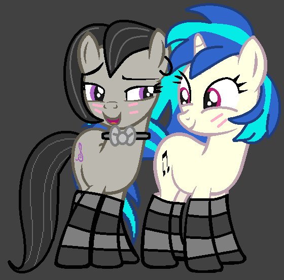 Size: 560x552 | Tagged: safe, artist:boringbases, artist:jadethepegasus, derpibooru import, octavia melody, vinyl scratch, earth pony, pony, unicorn, alternate hairstyle, base used, bedroom eyes, black background, blushing, bowtie, clothes, ear piercing, earring, female, image, jewelry, lesbian, looking at each other, mare, open mouth, piercing, png, scratchtavia, shipping, short hair, short mane, simple background, socks, striped socks, tomboy