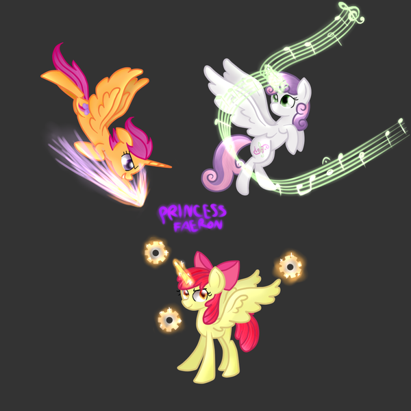 Size: 1024x1024 | Tagged: safe, artist:pixels-and-ponies, derpibooru import, apple bloom, scootaloo, sweetie belle, alicorn, pony, alicornified, alternate cutie mark, bloomicorn, cutie mark crusaders, flower, image, magic, music notes, older, png, race swap, scootacorn, sweetiecorn