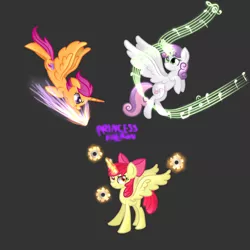 Size: 1024x1024 | Tagged: safe, artist:pixels-and-ponies, derpibooru import, apple bloom, scootaloo, sweetie belle, alicorn, pony, alicornified, alternate cutie mark, bloomicorn, cutie mark crusaders, flower, image, magic, music notes, older, png, race swap, scootacorn, sweetiecorn