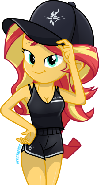 Size: 1000x1855 | Tagged: safe, artist:steyrrdash, derpibooru import, sunset shimmer, human, equestria girls, alpha female, bacon hair, black headwear, breasts, cap, cleavage, clothes, dolphin shorts, female, front view, hand on hip, happy, hat, hat tip, heroine, image, legs together, logo on headwear, long hair, metahuman, one arm up, png, shiny skin, shorts, side slit, simple background, smiling, snapback, solo, solo female, standing, tanktop, teenager, tomboy, transparent background, turquiose eyes, two toned bottomwear, two toned bottomwear (black & white), two toned hair, two toned topwear, vector, visor cap, watermark, yellow skin