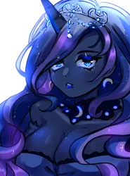Size: 2000x2700 | Tagged: safe, artist:hanasakiyunarin, derpibooru import, princess luna, human, equestria girls, breasts, busty princess luna, cleavage, crown, cutie mark accessory, ear piercing, earring, female, horn, horned humanization, humanized, image, jewelry, jpeg, lipstick, looking at you, piercing, pony coloring, regalia, simple background, solo, white background