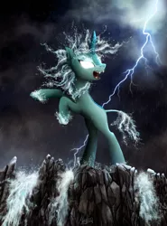 Size: 2770x3744 | Tagged: safe, artist:magfen, derpibooru import, kirin oc, oc, elemental, kirin, nirik, glowing eyes, image, jpeg, laughing, lightning, nirik oc, water, waterfall