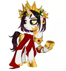 Size: 2500x2700 | Tagged: safe, artist:rowcliffe, derpibooru import, oc, oc:princess marigold, unofficial characters only, pony, unicorn, bracelet, crown, ear piercing, earring, eyeshadow, female, gold, horn, horn ring, image, jewelry, makeup, mare, midas touch, piercing, png, raised hoof, regalia, ring, ruby, simple background, solo, white background
