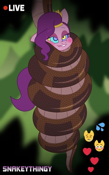 Size: 2549x4096 | Tagged: questionable, artist:snakeythingy, derpibooru import, pipp petals, snake, bondage, coiling, coils, emoji, g5, hypnosis, image, jpeg, jungle, kaa, kaa eyes, livestream, story included