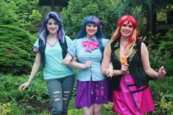 Size: 2048x1364 | Tagged: safe, artist:maddymoiselle, artist:sarahndipity cosplay, artist:shelbeanie, derpibooru import, starlight glimmer, sunset shimmer, twilight sparkle, human, equestria girls, clothes, cosplay, costume, everfree northwest, everfree northwest 2019, image, irl, irl human, jpeg, pants, photo, ripped pants, torn clothes