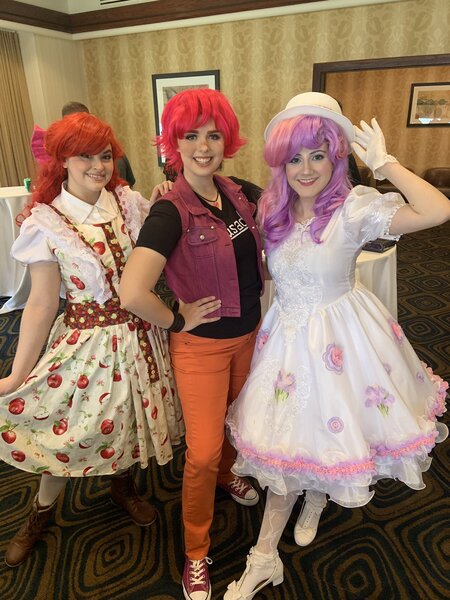 Size: 1536x2048 | Tagged: safe, artist:maddymoiselle, artist:sarahndipity cosplay, artist:shelbeanie, derpibooru import, apple bloom, scootaloo, sweetie belle, human, clothes, cosplay, costume, cutie mark crusaders, everfree northwest, everfree northwest 2019, gloves, hand on hip, image, irl, irl human, jpeg, photo