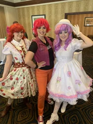 Size: 1536x2048 | Tagged: safe, artist:maddymoiselle, artist:sarahndipity cosplay, artist:shelbeanie, derpibooru import, apple bloom, scootaloo, sweetie belle, human, clothes, cosplay, costume, cutie mark crusaders, everfree northwest, everfree northwest 2019, gloves, hand on hip, image, irl, irl human, jpeg, photo