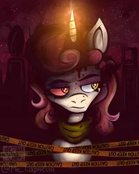 Size: 3000x3750 | Tagged: safe, artist:mrcapriccio, derpibooru import, oc, oc:dolce spiaro, pony, unicorn, bandana, blood, bruised, bust, caution tape, dark, eyeshadow, female, image, injured, jpeg, magic, makeup, mare, portrait, solo