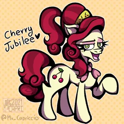 Size: 2000x2000 | Tagged: safe, artist:mrcapriccio, derpibooru import, cherry jubilee, earth pony, pony, abstract background, eyeshadow, female, image, looking at you, makeup, mare, neckerchief, png, raised hoof, simple background, solo