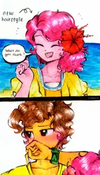 Size: 1924x3370 | Tagged: safe, artist:liaaqila, derpibooru import, cheese sandwich, pinkie pie, human, beach, cheesepie, cute, fanart, female, flower, flower in hair, humanized, image, jpeg, male, shipping, straight