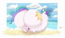 Size: 3000x1736 | Tagged: suggestive, artist:thelunarmoon, derpibooru import, princess celestia, alicorn, pony, beach, bedroom eyes, belly, big belly, blushing, butt, chubbylestia, clothes, ethereal mane, ethereal tail, fat, female, huge belly, huge butt, image, impossibly large belly, impossibly large butt, jpeg, large butt, looking at you, looking back, looking back at you, mare, morbidly obese, obese, ocean, praise the sun, smiling, solo, solo female, sunbutt, the ass was fat, water