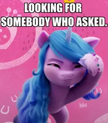 Size: 567x650 | Tagged: safe, derpibooru import, izzy moonbow, unicorn, my little pony: a new generation, spoiler:g5, spoiler:my little pony: a new generation, caption, cropped, g5, image, image macro, meme, narrowed eyes, png, reaction image, searching, solo, squint, text