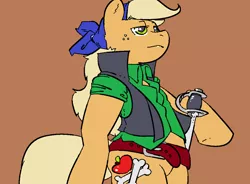 Size: 1139x839 | Tagged: safe, artist:machv99, derpibooru import, oc, unofficial characters only, earth pony, pony, semi-anthro, bandana, belt, clothes, female, freckles, image, lidded eyes, mare, pirate, png, requested art, shirt, simple background, solo, sword, vest, weapon