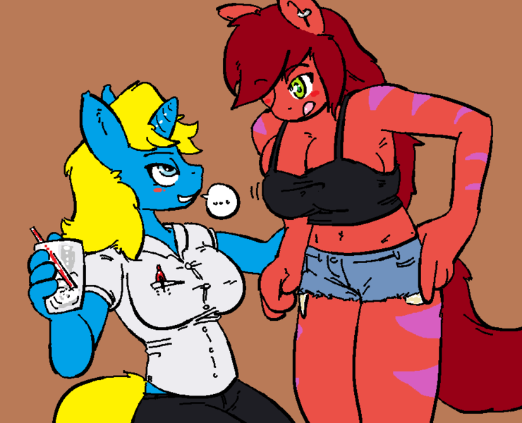 Size: 899x729 | Tagged: safe, artist:machv99, derpibooru import, oc, oc:cordite, oc:libby airspinner, unofficial characters only, anthro, hybrid, unicorn, ..., armpits, belly button, big breasts, black bottomwear, black topwear, blue bottomwear, blue eyes, blue fur, blushing, breasts, brown background, brown mane, brown tail, cleavage, clothes, denim shorts, drink, duo, duo female, ear piercing, earring, embarrassed, exposed pockets, female, flirting, green eyes, hand on hip, image, implied lesbian, jewelry, jiggling breasts, lidded eyes, pen, piercing, png, requested art, shirt, short shirt, shorts, simple background, smiling, speech bubble, stripes, tomboy, tongue out, two toned fur, white topwear, yellow mane, yellow tail